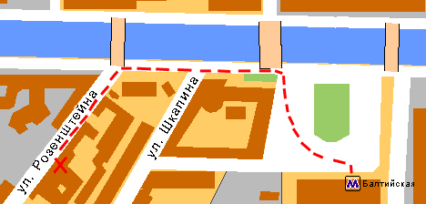 От стании метро пройти через площадь к Обводному каналу и пройти вдоль набережной до ул. Розенштейна д.8